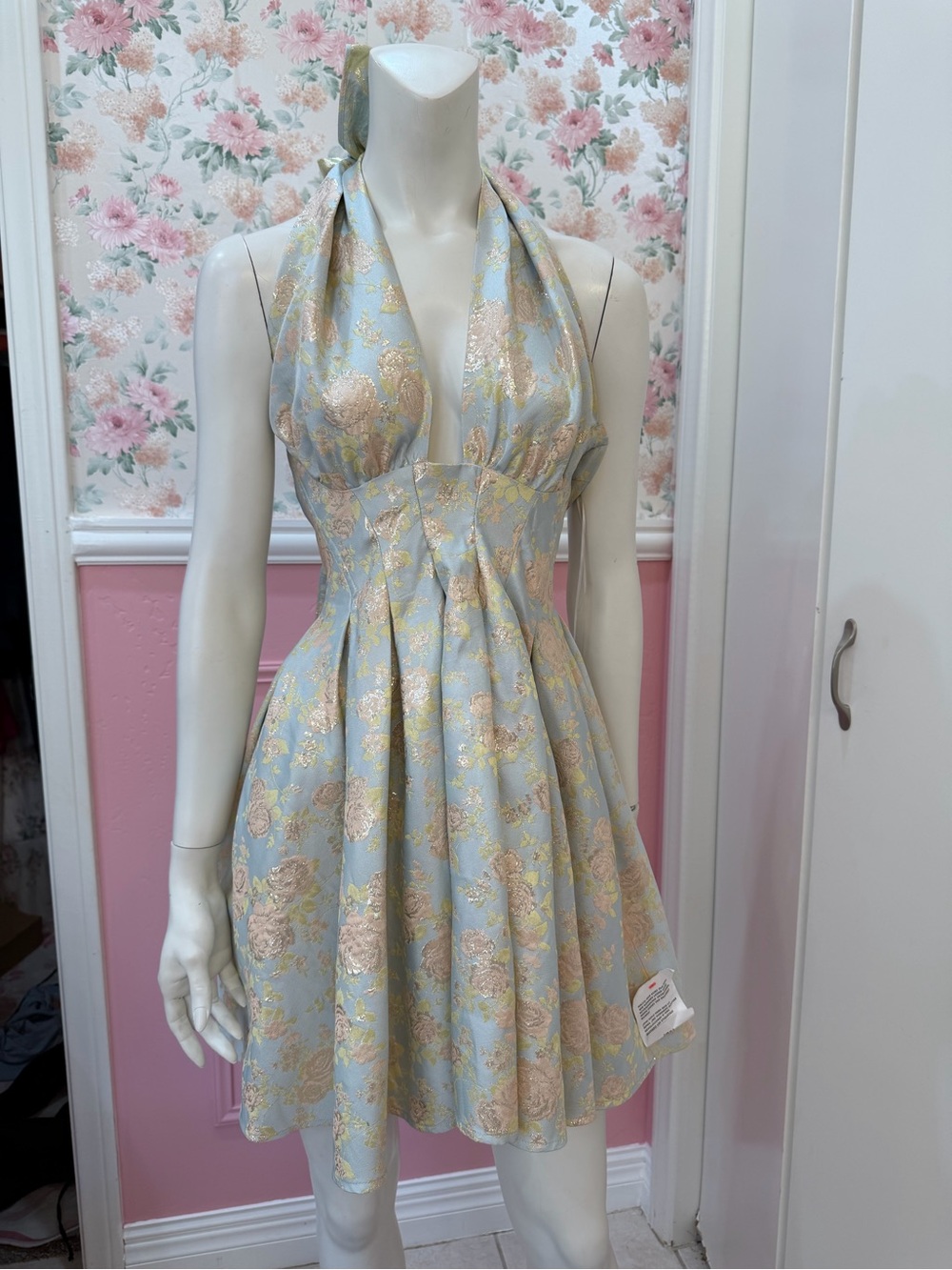 ASOS Light Blue Halter Mini Dress with Gold Floral Brocade